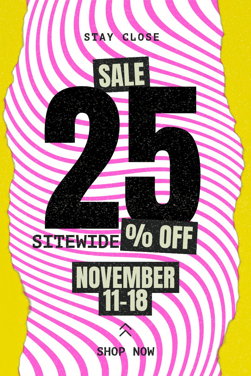 Promotional poster with sale text on a yellow and pink striped background