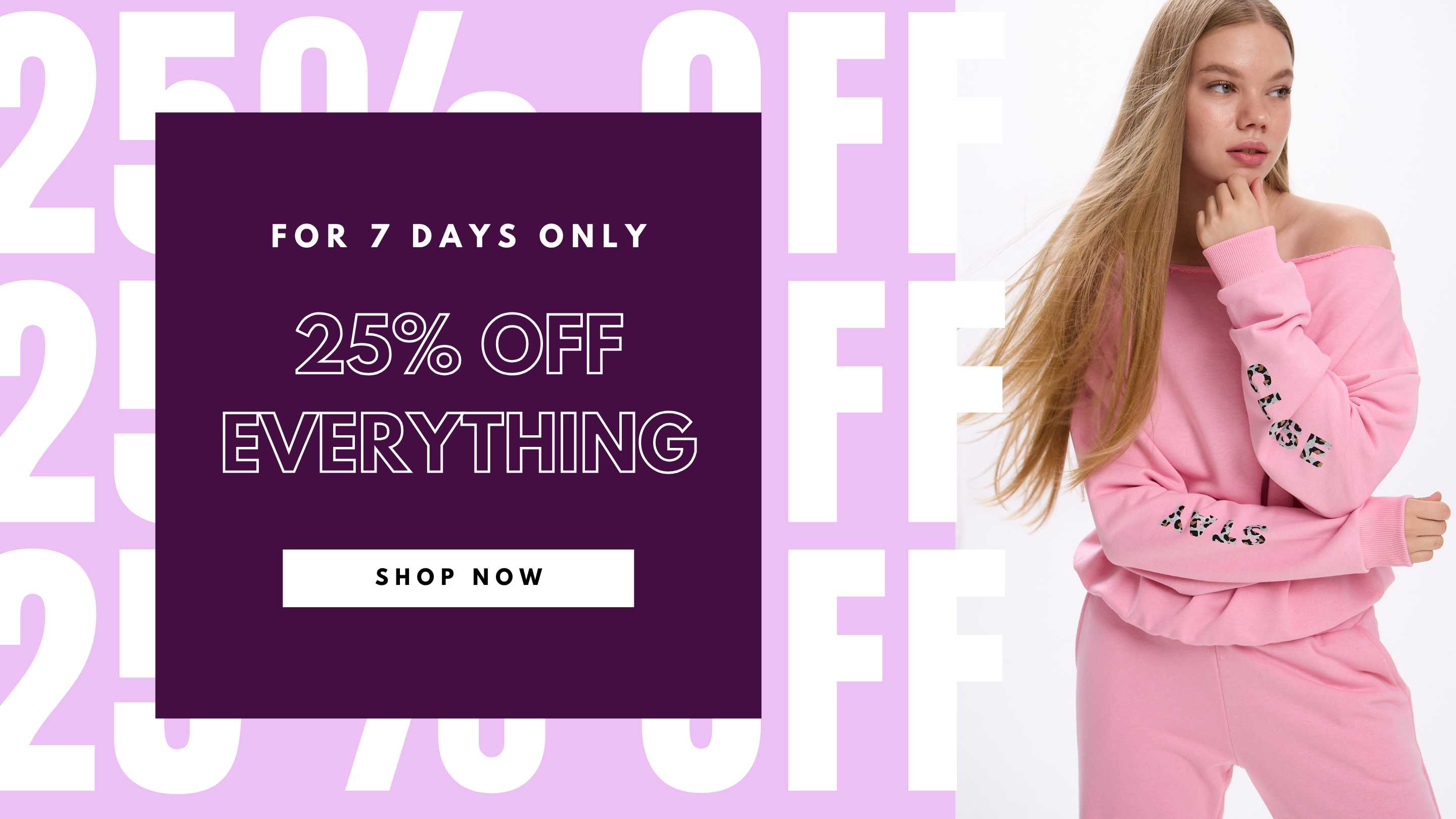 Promotional banner with a woman in pink clothing and a purple box displaying a sale message on a light purple background.