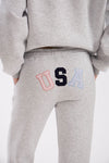 Grey sweatpants with elastic waistband, side pockets, and multicolor USA embroidery on the back.