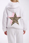 White hoodie with a leopard print star design on a white background