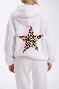 White hoodie with a leopard print star design on a white background