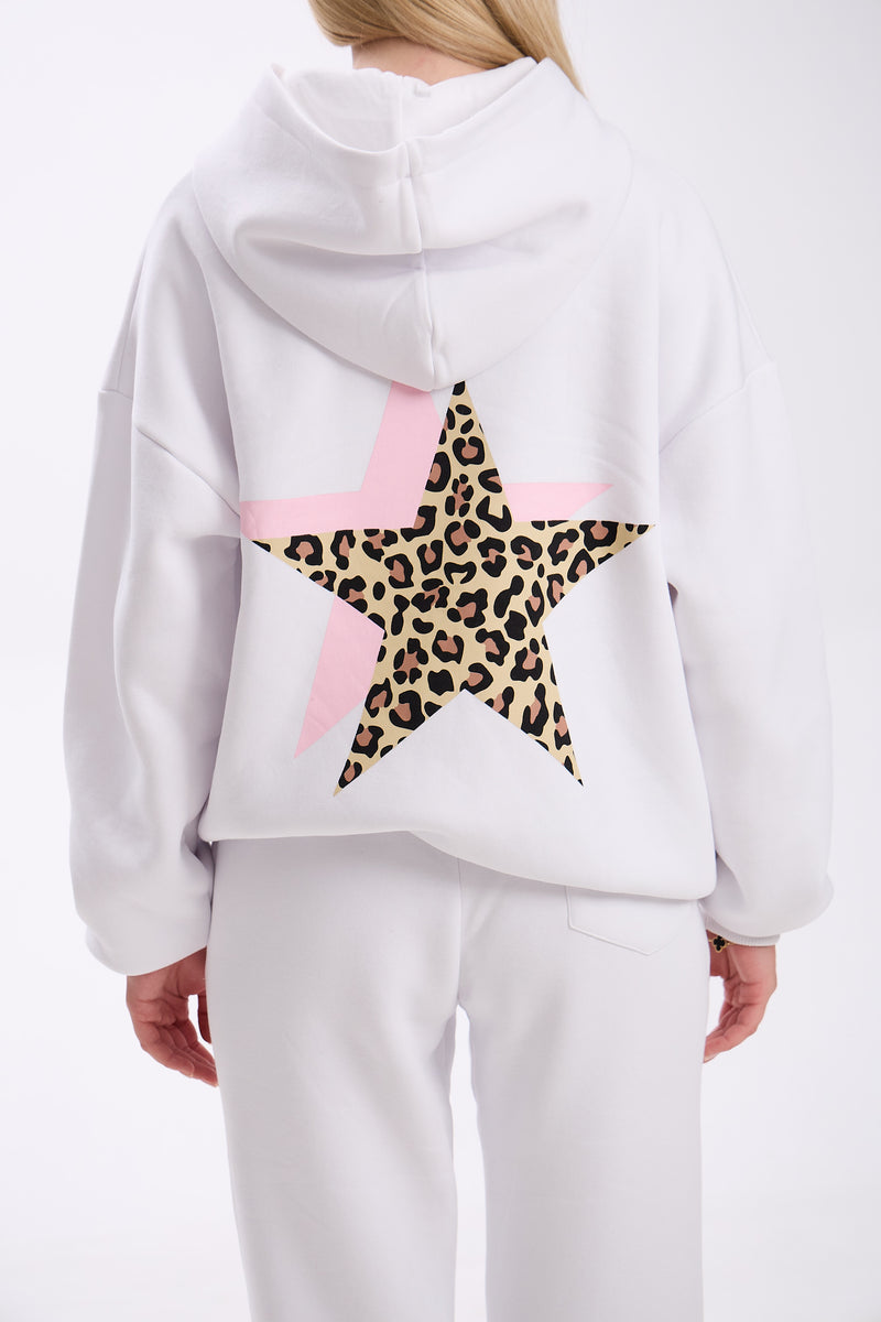 White hoodie with a leopard print star design on a white background