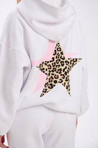 White hoodie with a leopard print star design on a plain background