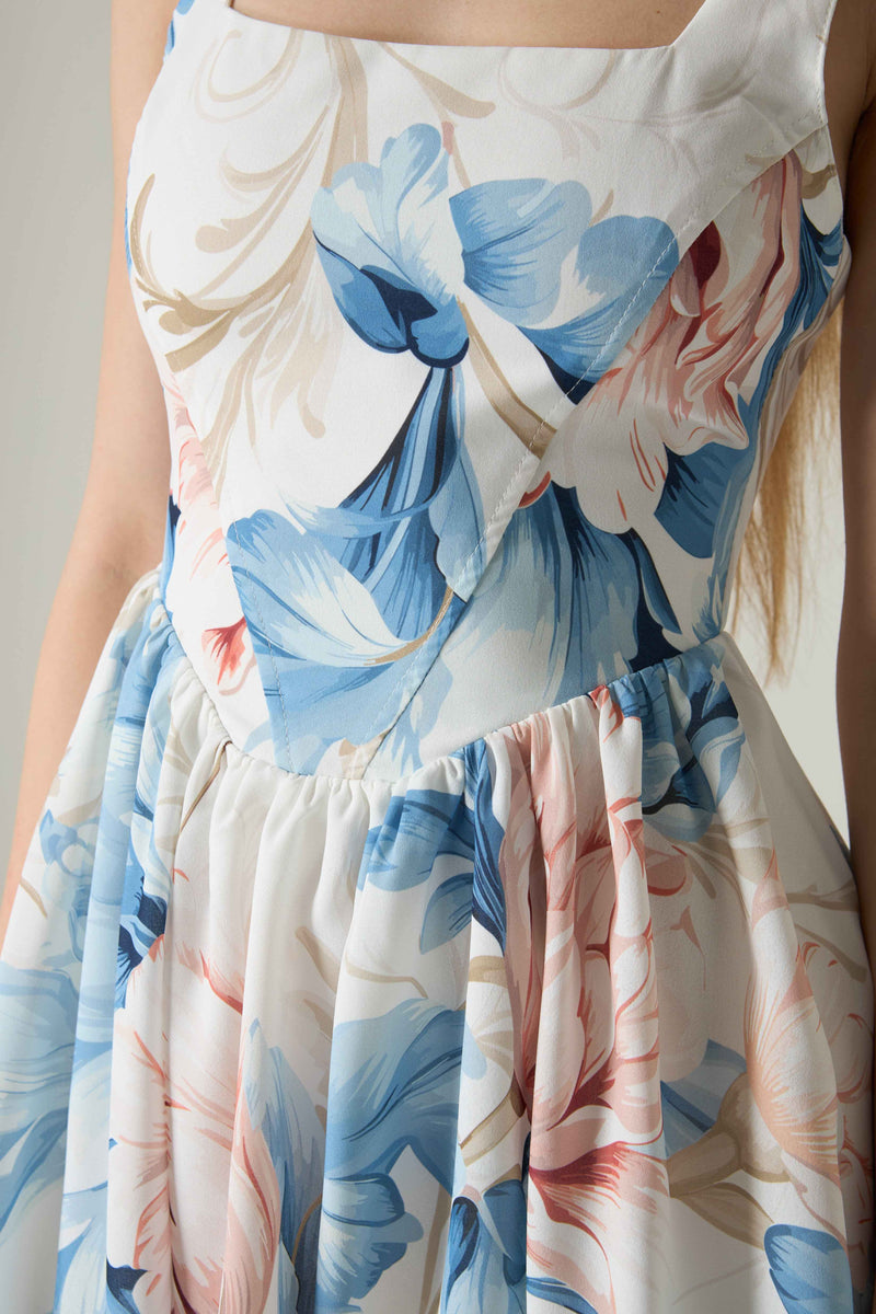Floral dress with blue and pink flowers on a neutral background.