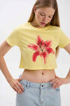 Person wearing a yellow crop top with a red floral design and light blue jeans on a white background.