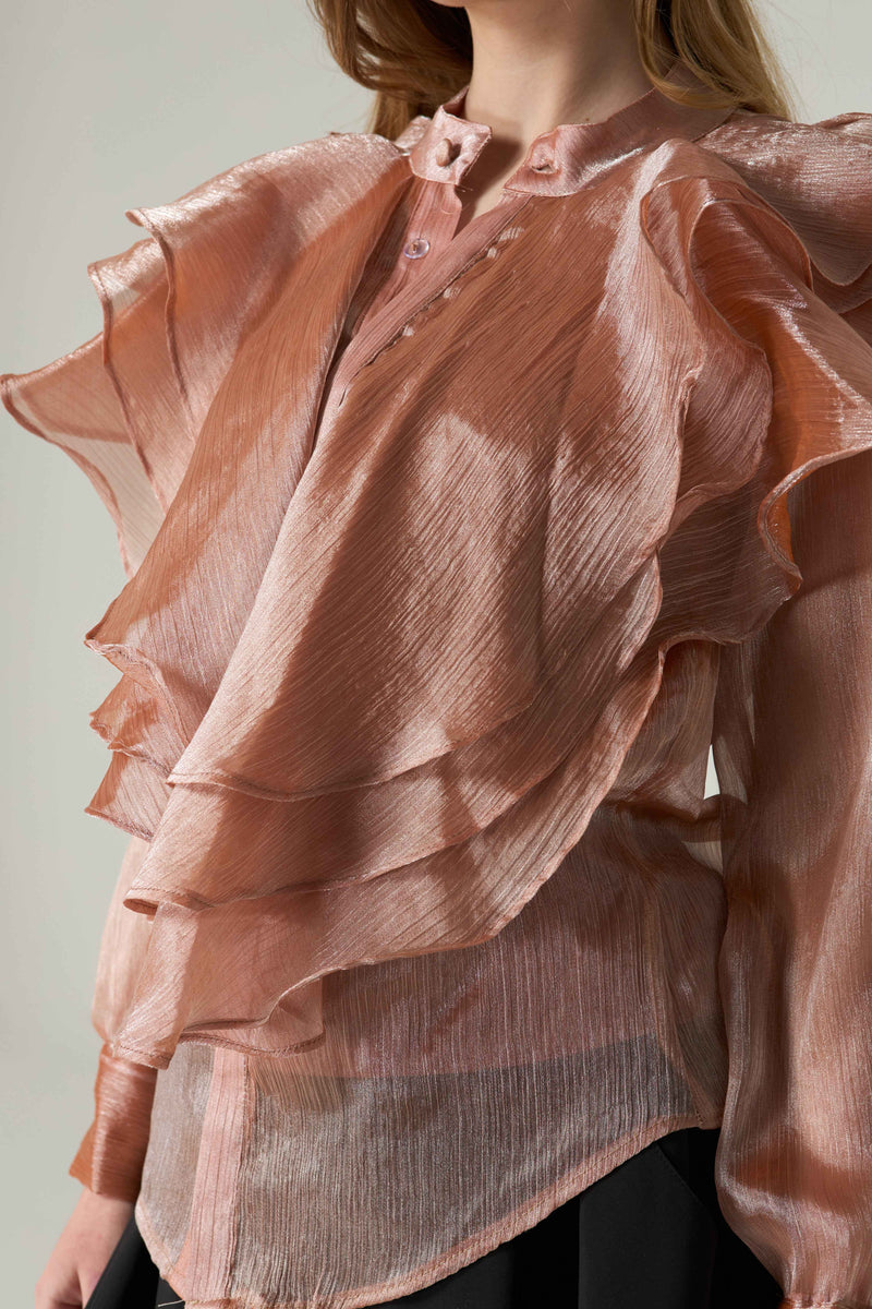 Pink ruffled blouse worn by a person on a light gray background.