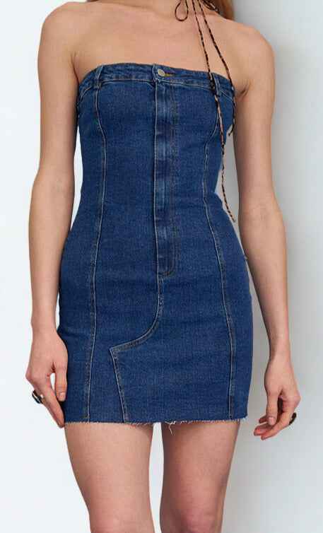 Blue denim strapless dress on a plain background.
