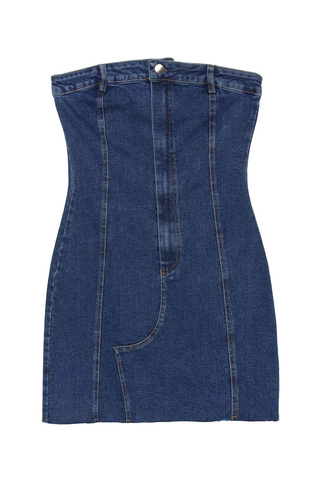 Blue denim dress on a white background.