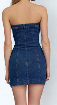 Denim strapless dress on a plain background.