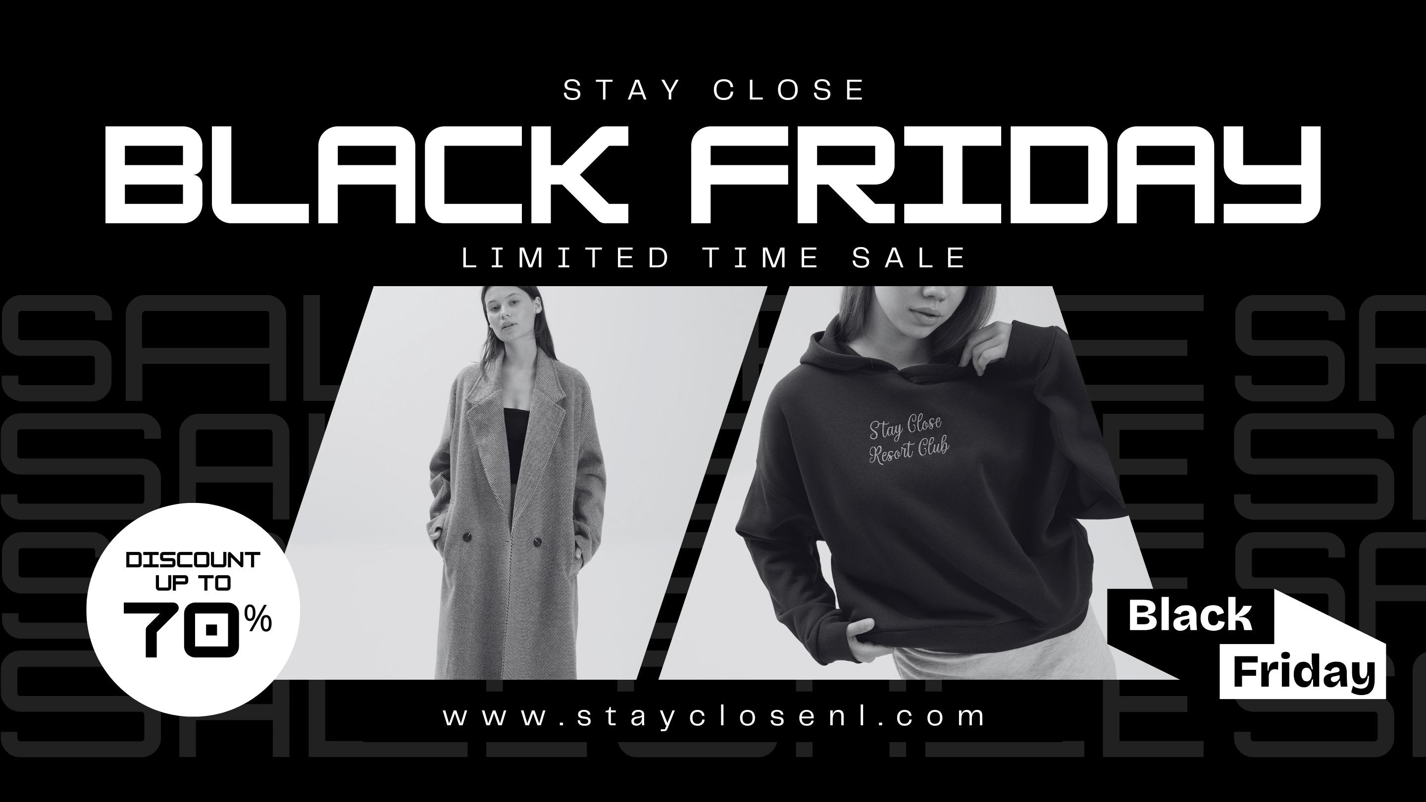 Black Friday sale advertisement with two people wearing clothing and a discount offer.